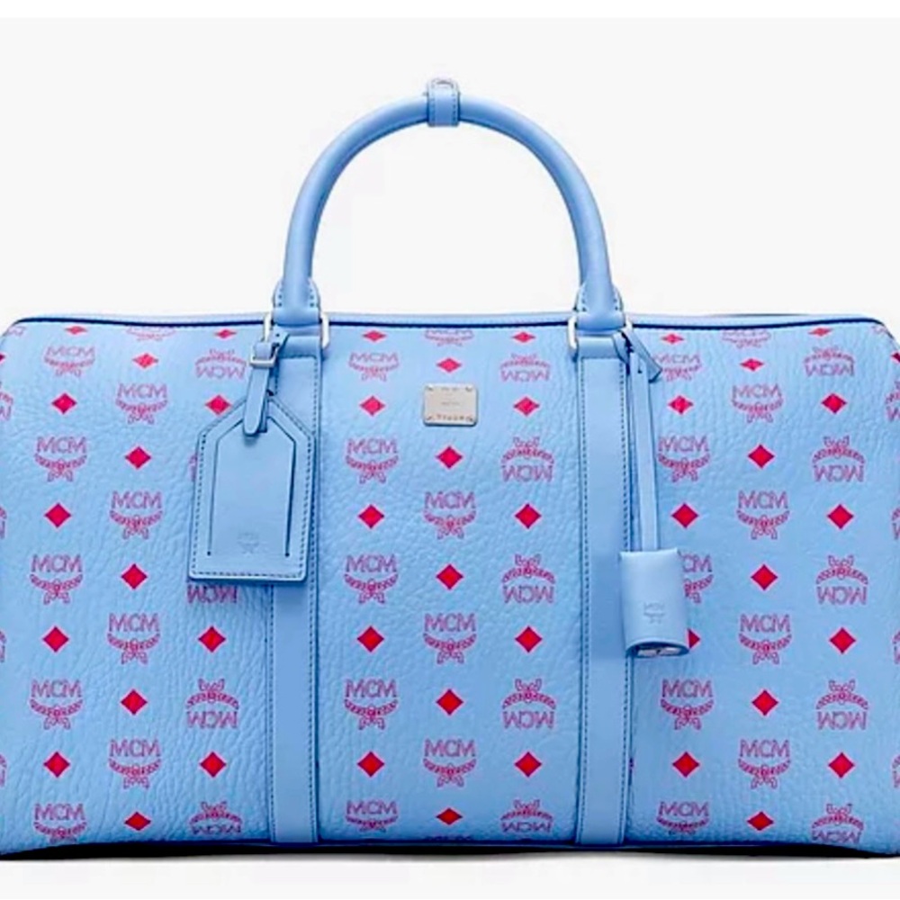 Limited edition unisex baby blue/with red Mcm weekender travel duffle bag medium